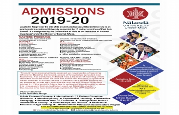 The Admissions for the Master's program for the academic batch 2019-21, at Nalanda University, is Open.